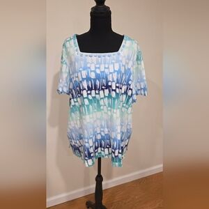 Alfred Dunner Aqua and Navy Short Sleeve Top